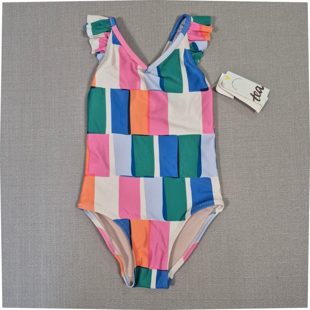 Tea Collection Ruffle One-Piece Swimsuit Copacabana Tile Multi Girls Size 5 NWT